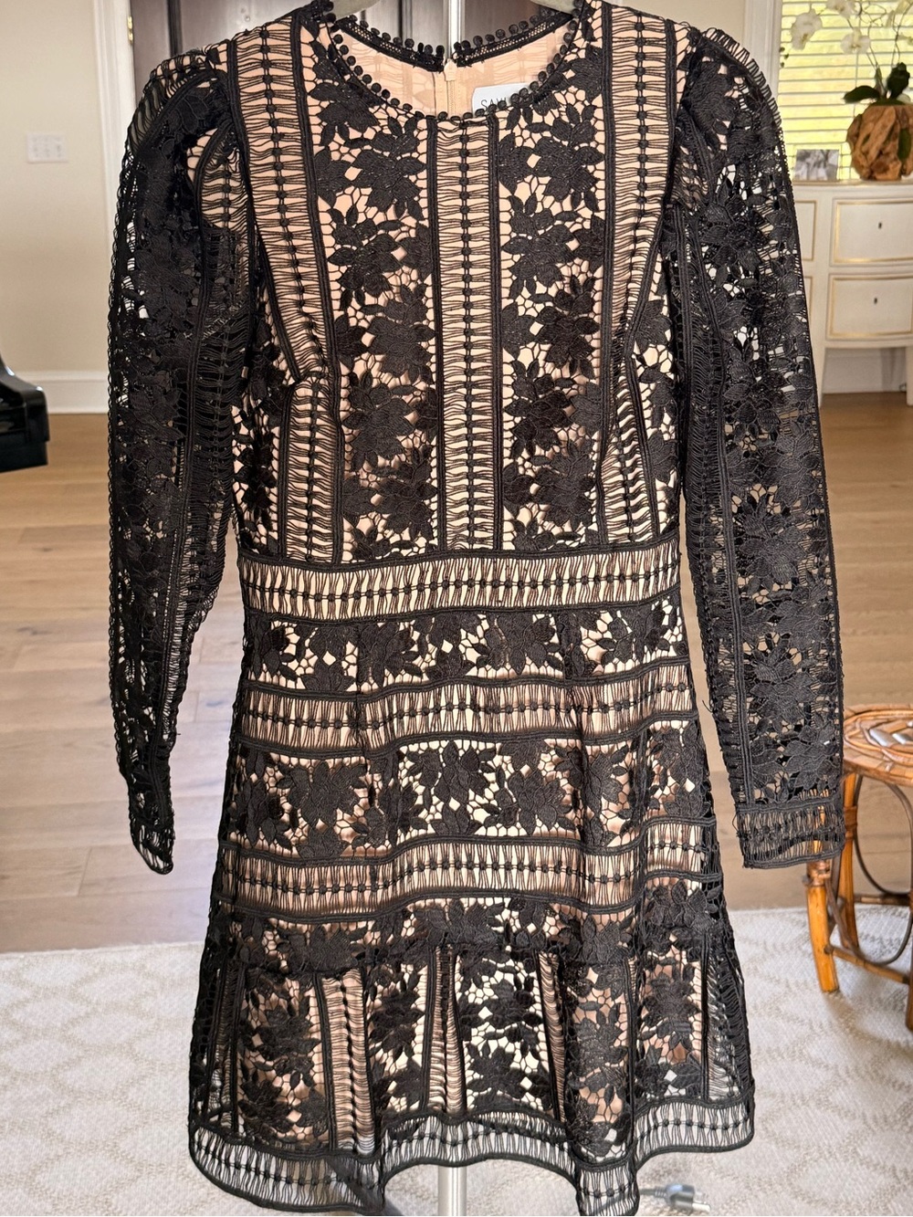 SAYLOR Black Lace Long Sleeve Fit-and-Flare Dress with Nude Lining